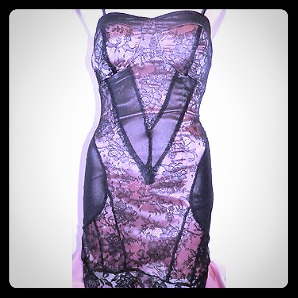 Arden B Sexy Black Lace Dress Lined in soft pink